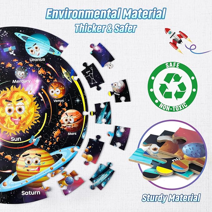SYNARRY Solar System Floor Puzzles for Kids Ages 4-8, Large 70 Piece Jigsaw Puzzles for Kids Ages 4-6, Space Planet Astronaut Toys Puzzles, Preschool Learning Toys, Easter Basket Stuffers for Boy Girl