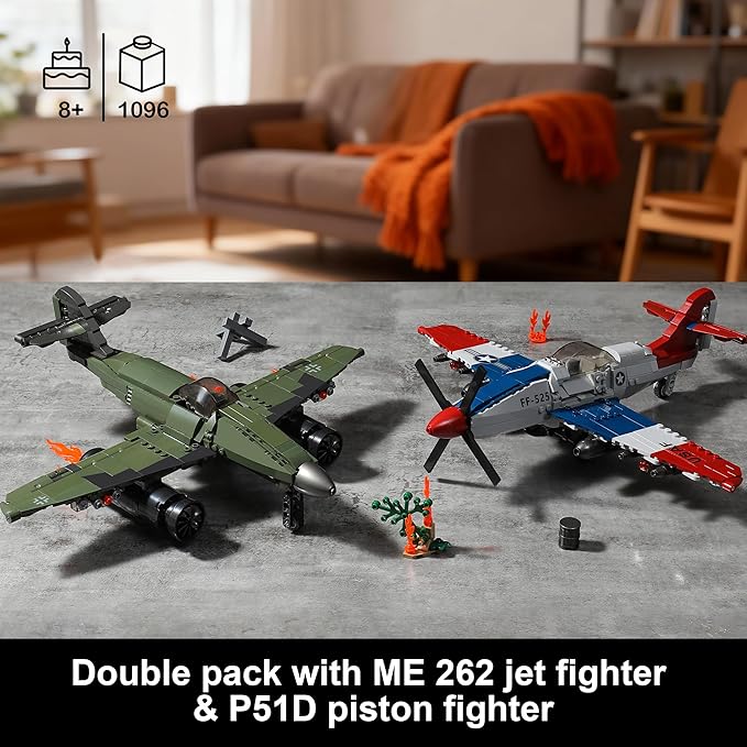 WW2 Military Airplane Toy Building Sets Compatible with Lego, Me 262 Fighter Jet & P-51D Plane Army Model Kits for Military Fans, Kids & Adult