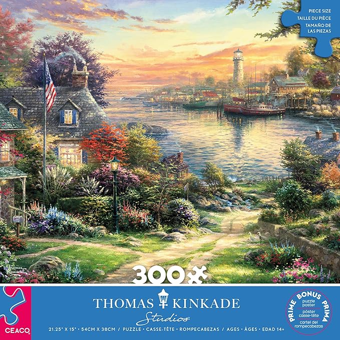 Ceaco – New England Harbor Jigsaw Puzzle – Thomas Kinkade Studios - 300 Piece Oversized Puzzle for Adults with Poster - Scenic Artwork – Large Pieces – Made in USA