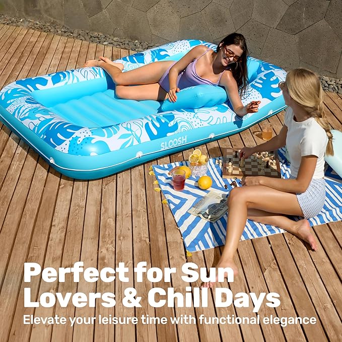SLOOSH Inflatable Tanning Pool Lounger Float, 85" x 57" Extra Large Pool Floats Adult with Pillow, 4 in 1 Suntan Tub Raft Floatie,Sunbathing Bed Lounge for Water Blow Up Ball Pit Party Gifts, XL-Blue