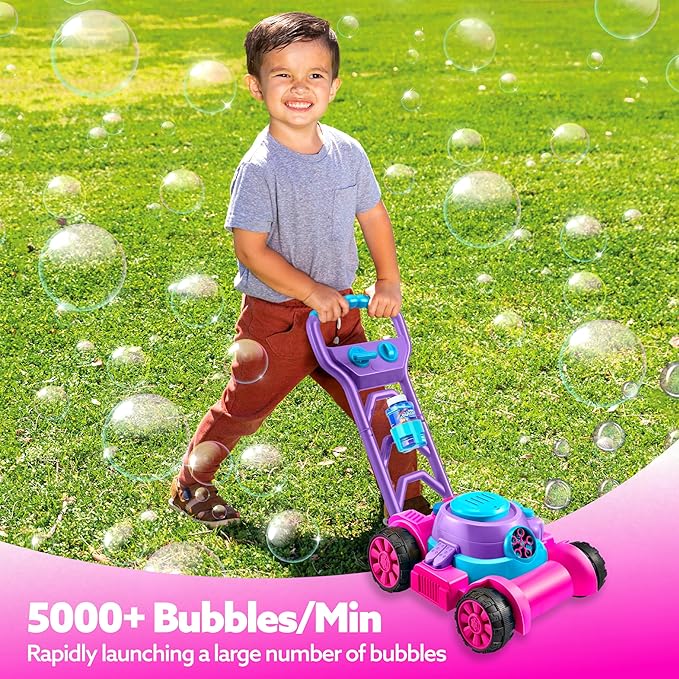 SLOOSH Bubble Lawn Mower Toddler Toys - Spill-Proof Bubble Machine Pretend Gardening Toy for Age 1 2 3 1-3 Year Old Toddler Indoor Outdoor Use, Baby Girl Push Toys Easter Birthday Gift (Pink)