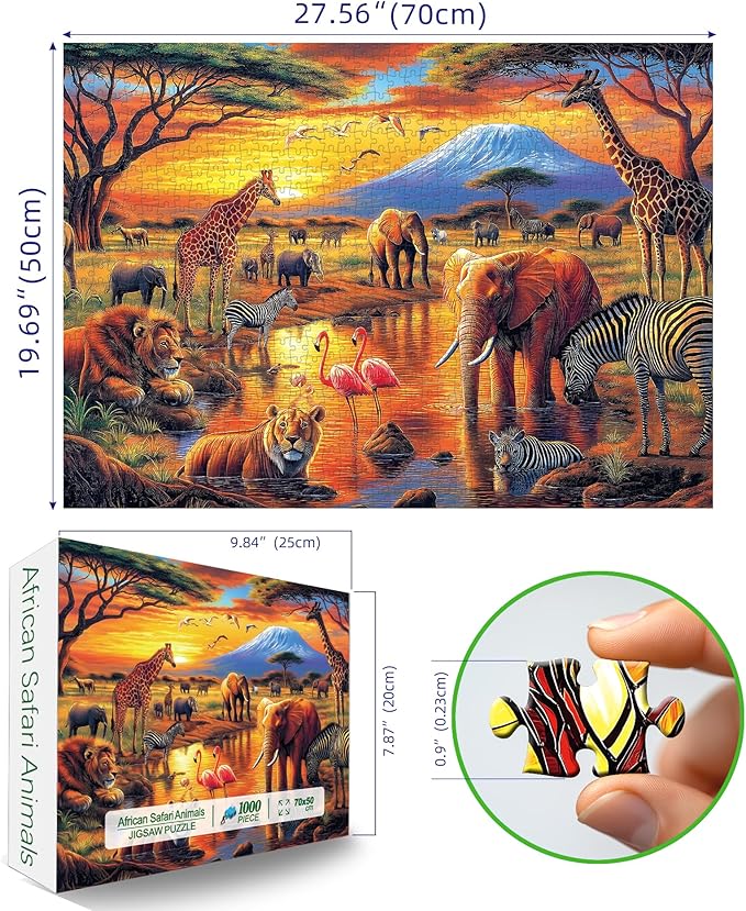 MINIWAN African Savannah Sunset Wildlife Puzzles for Adults 1000 Pieces, Mount Kilimanjaro African Animals Jigsaw Puzzle, Gift for Safari & Nature Lovers 27.5x19.7 Inch