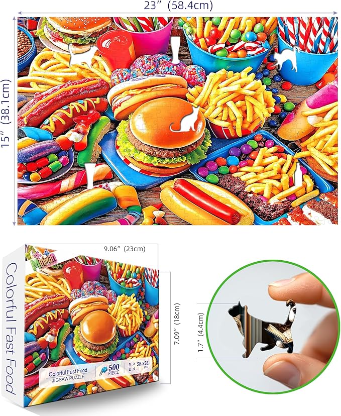 MINIWAN Hamburger 500 Piece Puzzles for Adults, Junk Food Feast Jigsaw Puzzle, 23x15 Inches with Unique Irregular Shaped Pieces for Relaxation & Home Wall Decor