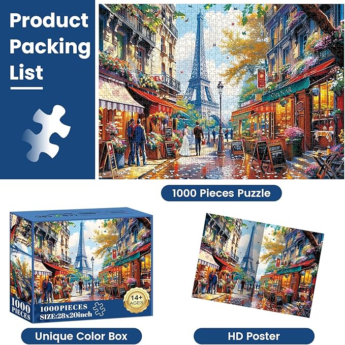 1000 Pieces Puzzle for Adults - Charming Paris Puzzle for Adults Children - Recycled Paper Jigsaw Puzzle 1000 Pieces - Fun and Challenging Family Game Great Gift Idea, Finished Size is 28 * 20 in