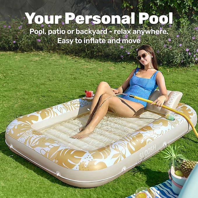 SLOOSH Inflatable Tanning Pool Lounger Float, 70" x 46" Pool Floats Adult with Pillow, 4 in 1 Suntan Tub Raft Floatie,Sunbathing Bed Lounge for Water Blow Up Kids Ball Pit Party Gifts, L-Golden White