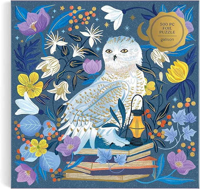 Galison Celestial Owl – 500 Piece Foil Jigsaw Puzzle Featuring Charming Artwork of A Owl Perched On Books Under The Moonlight