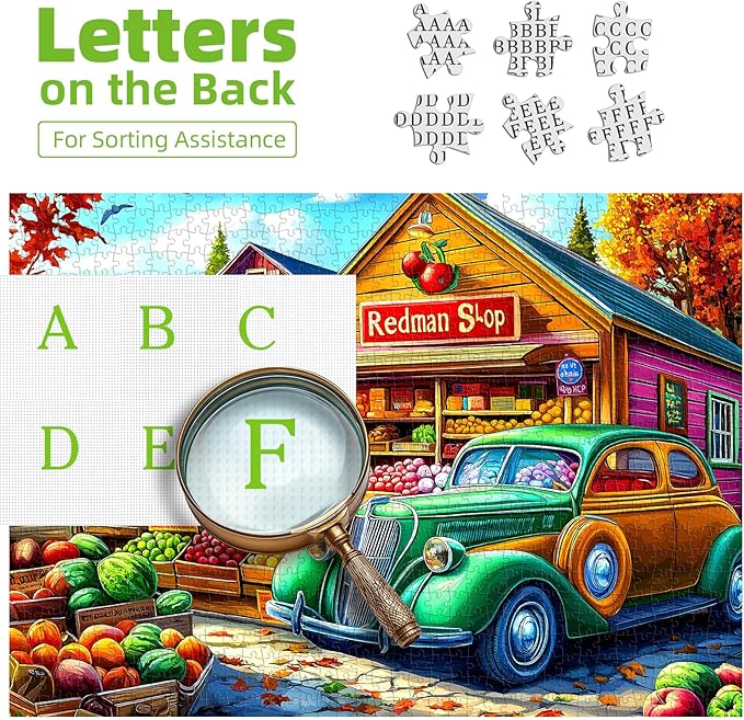 MINIWAN Vintage Autumn Country Farmers Market Puzzles for Adults 1000 Pieces, Fall Fruit Stand with Vintage Car Jigsaw Puzzle, Gift for Country Life & Food Lovers 27.5x19.7 Inch