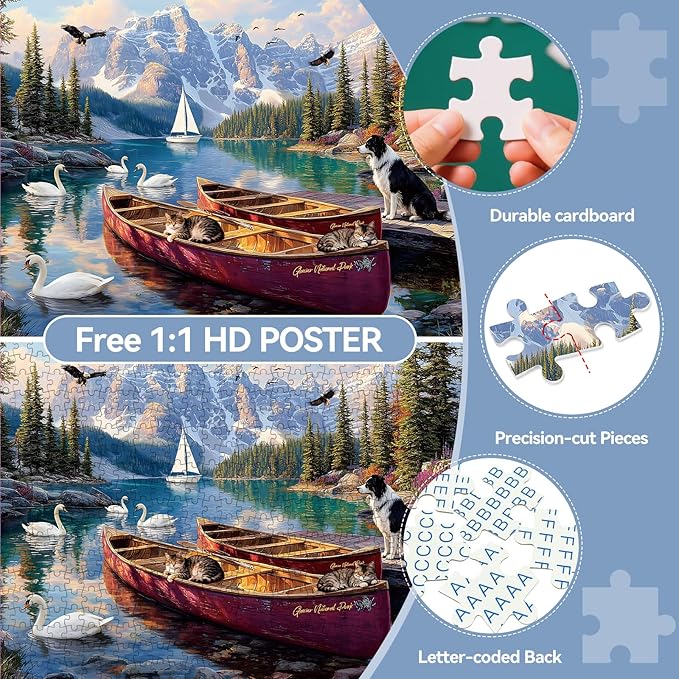 500 Piece Puzzle for Adults – Swan, Cat and Dog on Boat at National Park Lake Nature Jigsaw Puzzle, Challenging Perfect for Game Nights, 20.5 X 15 in