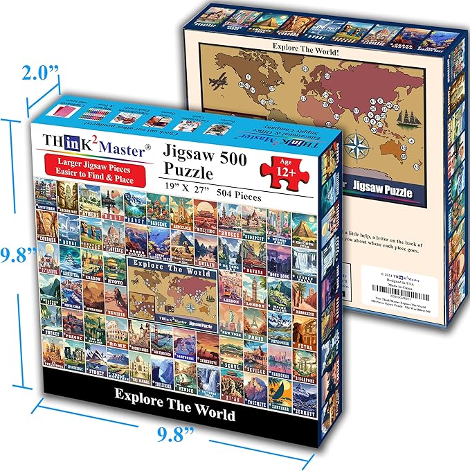 Think2Master Colorful Vintage World Travel Poster 500 Pieces Large Format Jigsaw Puzzle for 13+, Teens, Adults & Families. Great Gift for People Intent in Traveling The World. Size: 26.8” X 18.9”