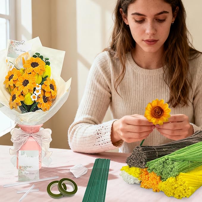 LINAYE 500 PCS Pipe Cleaners Craft, 6 Colors Pipe Cleaners Flowers Kit, Chenille Stems for Crafts with Instruction Wrapping Paper, Stems Art and Craft Supplies Yellow