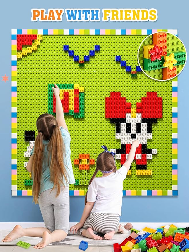 Build On Wall or Table - Customize Building Block Wall, 8 Pack (10" x 20") Self Adhesive Building Base Plate, 440 Pcs Compatible with All Major Brand Brick - Fastest Easiest DIY Fun Wall and Desk