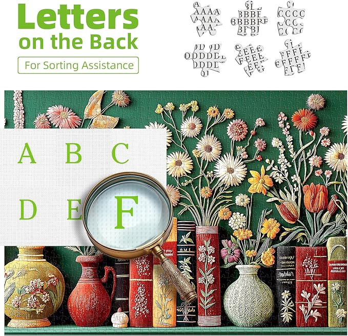 MININWAN Mbroidered Style Vintage Botanical Flower Bookshelf Puzzles for Adults 1000 Pieces, Green Background Floral Vase Books Jigsaw Puzzle, Gift for Book & Embroidery Art Lovers 27.5x19.7 Inch