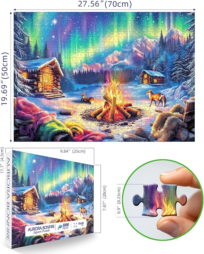 Blueforest 1000 Piece Jigsaw Puzzles for Adults, Northern Lights & Cozy Cabin Winter Bonfire - Challenging Puzzle with Aurora, Wildlife & Hygge Gift-Ready Art (27.5"x19.7")