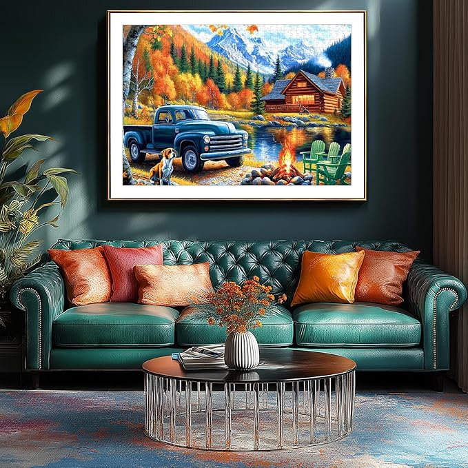 500 Pieces Jigsaw Puzzles for Adults, Mountain Wooden House with Vintage Truck, Campfire & Lake Landscape Puzzles for Party Game Family Decoration Gifts, Finished Size 23" x 15"