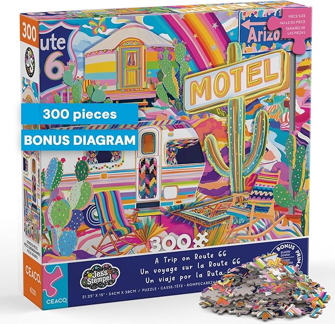 Ceaco - Jess Stempel - A Trip on Route 66-300 Piece Jigsaw Puzzle - Colorful Puzzles for Adults – Precision-Cut Pieces, Beautiful Artwork, and Hours of Relaxing Fun