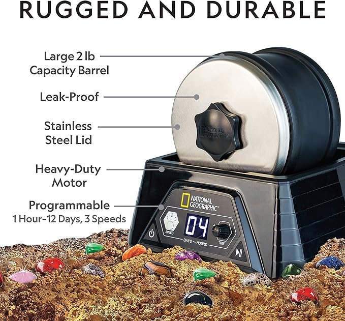 National Geographic Professional Rock Tumbler Kit – Extra Large 2 Lb. Barrel with 3-Speed Motor & 9-Day Timer – Geology DIY Kits for Adults, Rock Collection Hobby, Great Educational STEM Science Kit