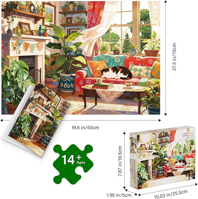 Cat Cozy Puzzles 1000 Piece Jigsaw Puzzle for Adults, Puppy Kitten Plants Jigsaw Puzzles with Letters on Back, Impossible Challenging Hard Colorful Modern Art Puzzles Home Decor, 27.5 x 19.7 Inch