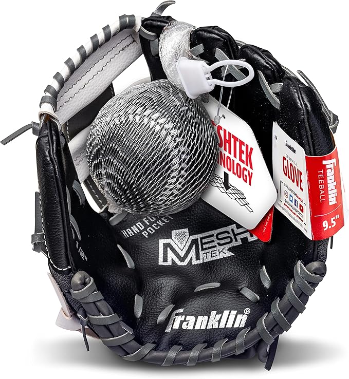 Franklin Sports Kids Baseball Glove + Foam Ball Sets - Meshtek Youth Teeball Gloves for Kids + Toddlers - Left + Right Hand Throw - 9.5" Inch
