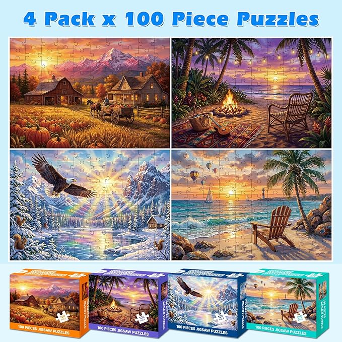 4 Packs 100 Piece Puzzle, Beach Harvest Winter Campfire 100 Piece Puzzles for Adults Seniors, Nature Landscape Large Piece Jigsaw Puzzles 100 Pieces for Seniors Adults Family Game Gifts (15x10 in)