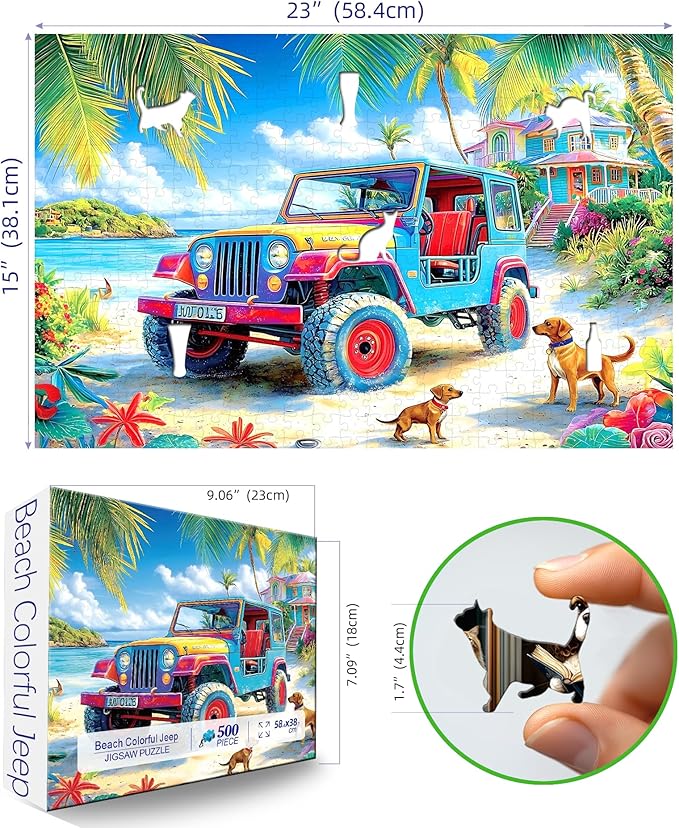 500 Piece Puzzle for Adults, Jigsaw Puzzles with Tropical Beach Jeep Scene, Funny Puzzle, Perfectly Fitting Pieces, Home Decor Birthday Party Gift for Adults Seniors 23x15 Inches