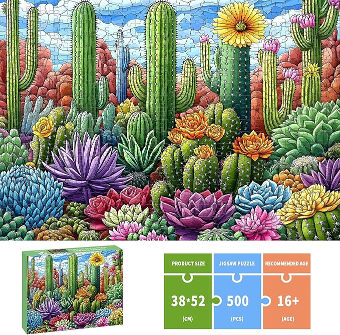 Puzzles for Adults 500 Pieces, Stained Glass Jigsaw Puzzles 500 Pieces - Cactus Garden, Cactus Wall Art Puzzle for Families, Finished Size 20.47 * 14.96”, with 1:1 Poster, Letter on the Back