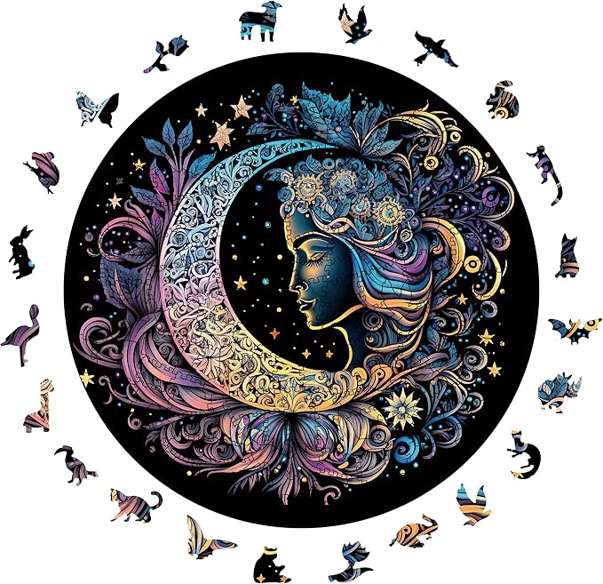 Wooden Puzzles for Adults, 200 Pieces Sun and Moon Uniquely Irregular Animal Shaped Wooden Jigsaw Puzzles, Creative Gift for Adults