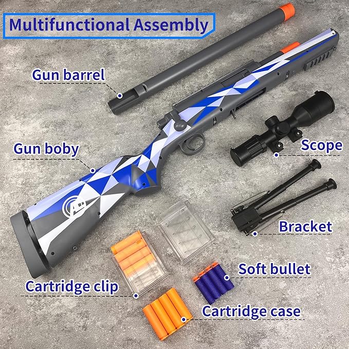 AGM MASTECH M24 Foam Blaster, Shell Ejecting, Safety Switch, Adjustable Stock 41.8 Inch, Fast Dart Loader, Scope, 40 Darts, 20 Casings, 2 Mags, Tactical Gear for Teens 14+ Adults(Blue)