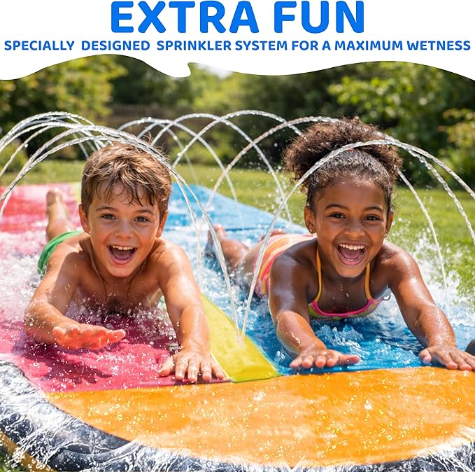 JAMBO Premium 24Ft Budget Slip Splash and Slide, Heavy Duty Water Slide with Advanced Sprinkler System, Backyard Waterslide, Splash Mat, Outdoor Water Toys n Slides for Kids