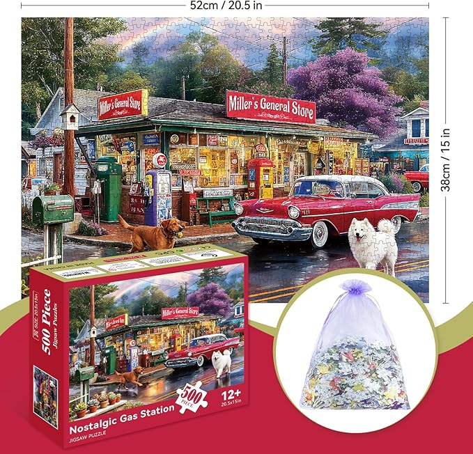 500 Pieces Puzzle for Adults, Puzzles for Adults 500 Pieces, Vintage Gas Station Car Dog Jigsaw Puzzle, Challenging Perfect for Game Nights, 20.5 X 15 in