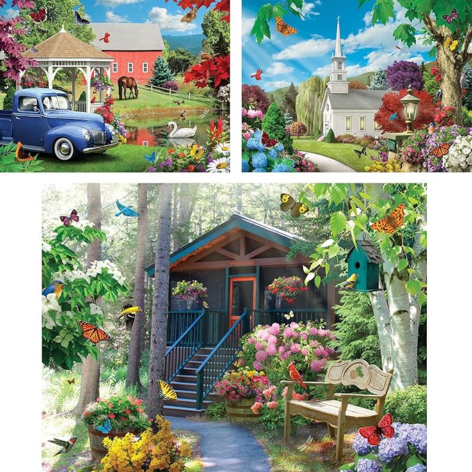 Bits and Pieces Value Set of Three Jigsaw Puzzles for Adults – Alan Giana Designs – 300 & 500 Piece (18" x 24") Puzzles – Seasons, Nature, Church, Cabin, Barn, Sun, Birds (Three 500 Piece Puzzles)
