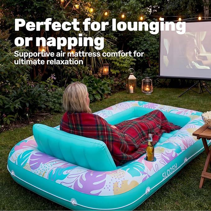 SLOOSH Inflatable Tanning Pool Lounger Float, 70" x 46" Pool Floats Adult with Pillow, 4 in 1 Suntan Tub Raft Floatie,Sunbathing Bed Lounge for Water Blow Up Ball Pit Party Gifts, L-Tropical Blue