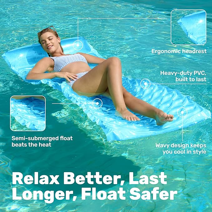SLOOSH Inflatable Pool Floats Raft,Floating Lounge for Adults,64x32 inch Swimming Mat Pool Mattress with Headrest,2 Pieces Float Air Mat for Summer Water Beach Fun