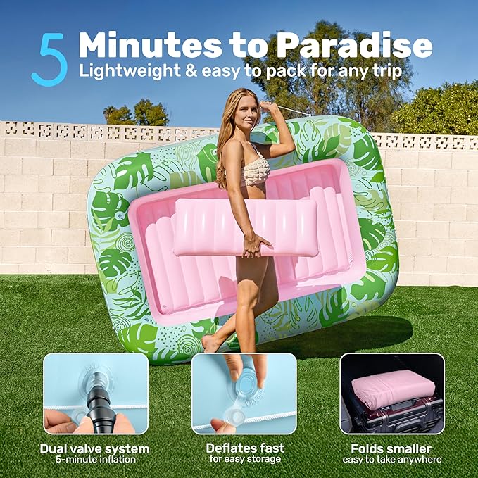 SLOOSH Inflatable Tanning Pool Lounger Float, 70" x 46" Pool Floats Adult with Pillow, 4 in 1 Suntan Tub Raft Floatie,Sunbathing Bed Lounge for Water Blow Up Kids Ball Pit Party Gifts, L-Cyan Pink