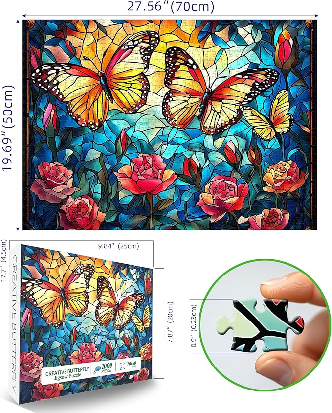 Blueforest 1000 Piece Stained Glass Butterfly Jigsaw Puzzle - Vibrant Mosaic Flower Garden Puzzle, Complex Art Therapy Puzzles for Adults, Framable Wall Decor 27.5"x19.7"