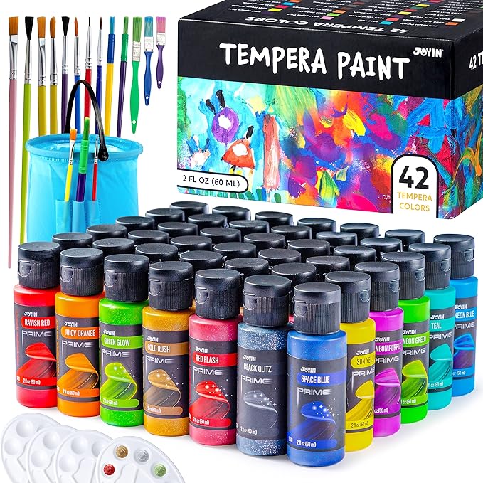 JOYIN Washable Tempera Paint Set for Kids 42PCS, Non Toxic Liquid Paint with 15 Brushes and 4 Palettes - Art Supply for Kids for Arts and Crafts Project, Finger Painting (2 oz Each), Easter Basket Stuffers