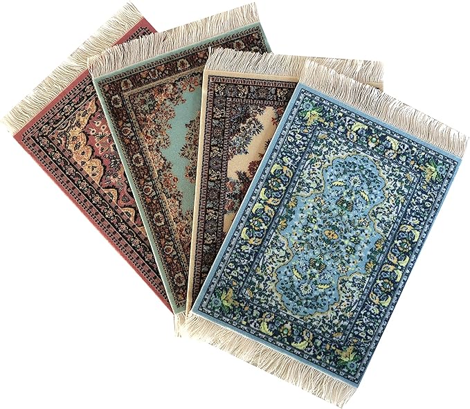 Set of 4 Dollhouse Area Rugs – Miniature Carpet Accessories for Doll Houses, 6 x 4 Inch Rectangular Floor Décor, Oriental Style
