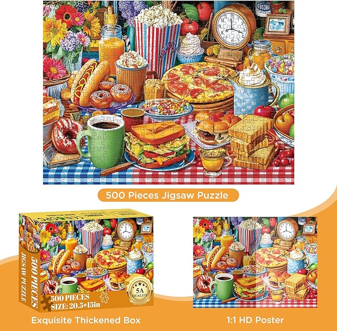 500 Piece Jigsaw Puzzle for Adults – Colorful Food Table with Pizza Donuts Coffee, Delicious Food Puzzle 500 Piece with Letters on Back Dust-Free,Fun Family Game,Gift for Men Women Seniors 20.5 x 15in