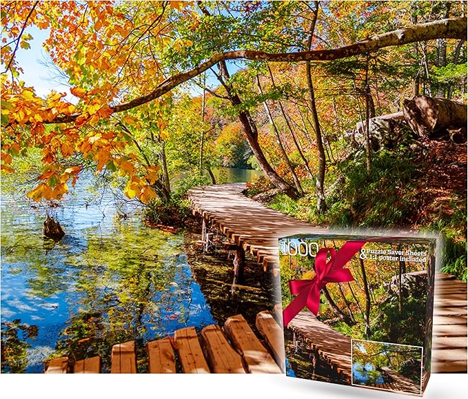 1000 Piece Puzzle for Adults - Golden Forest Trail Beside Quiet Lake in Autumn, Gift-Ready Box, Letters on Back, 8 Jigsaw Puzzle Saver Sheets & Full-Size Poster by GERJATO - Ideal Gift for Loved Ones