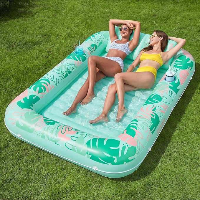 SLOOSH Inflatable Tanning Pool Lounger Float, 85" x 57" Pool Floats Adult with Pillow, 4 in 1 Suntan Tub Raft Floatie,Sunbathing Bed Lounge for Water Blow Up Ball Pit Party Gifts, L-Aqua Blue