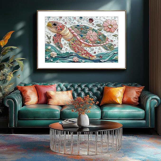 300 Piece Jigsaw Puzzle for Adults Mosaic Sea Turtle Mbroidery with Vibrant Gem & Floral Details Puzzle Colorful Beautiful Underwater Sea Puzzle with Letters on Back Ideal for Seniors &Game Nights