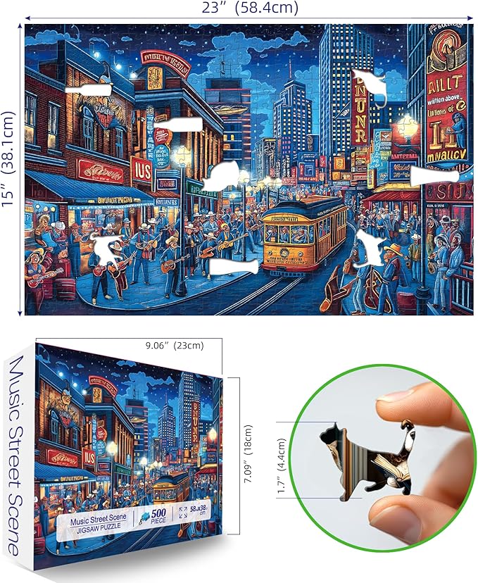 500 Piece Puzzles for Adults Clearance, Street Blues Cityscape Vintage Night Scene with Musicians Hard Difficult Challenging Unique Puzzles for Gifts Party Games Family Fun, 23" X 15" Dust Free