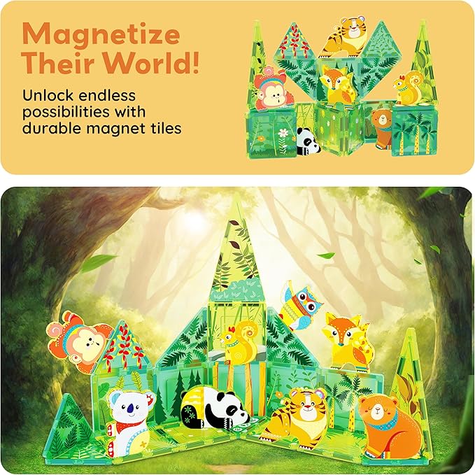 PicassoTiles Magnet Tile Building Blocks 8 Magnets Forest Animal Action Figures Compatible Magnetic Accessory Tiles Construction Toy Set STEM Educational Learning Toddler Girls Boys Ages 3+ PTA26