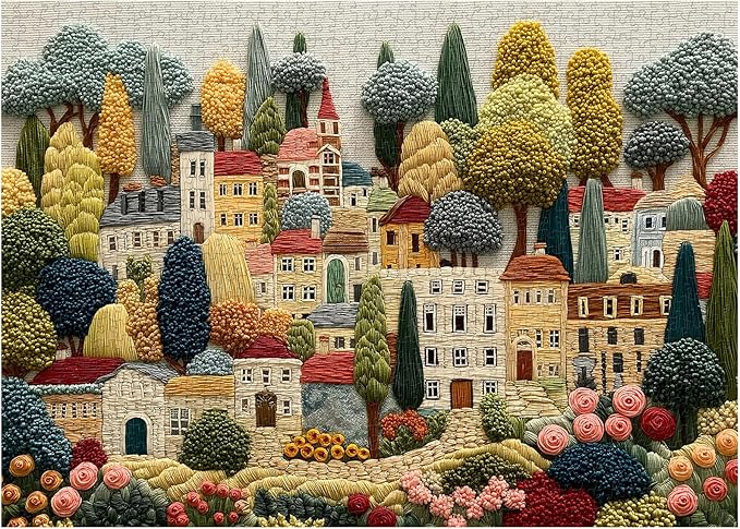 Embroidery Village Jigsaw Puzzle 1000 Pieces, Patchwork Country House Puzzles for Adults Trees, Larkipuzz Impossible Quilting Plants Puzzles for Wall Decor