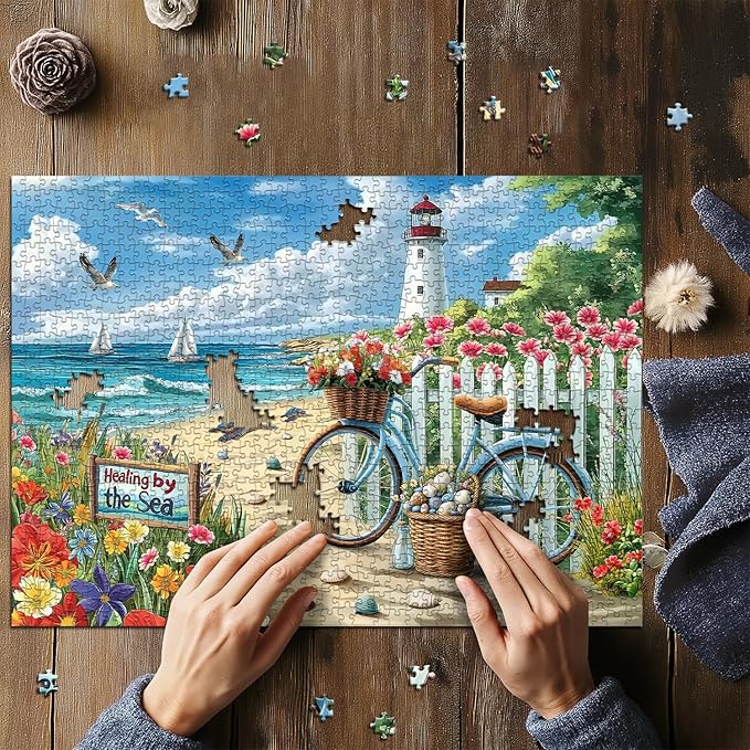 PICKFORU Beach Puzzles for Adults 1000 Pieces, Coastal Lighthouse Puzzle with Flowers Bike Sea Turtle, Nature Summer Ocean Jigsaw Puzzles, Seaside Scenery Challenge for Adults