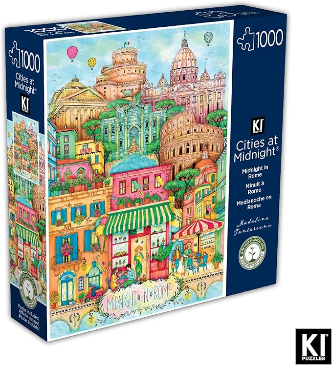 Hard & Challenging 1000 Piece Puzzle for Adults – Rome at Midnight by Madalina Tantareanu – Features Colosseum, Trevi Fountain, St. Peter’s Basilica – Difficult 27x20 Jigsaw by KI Puzzles