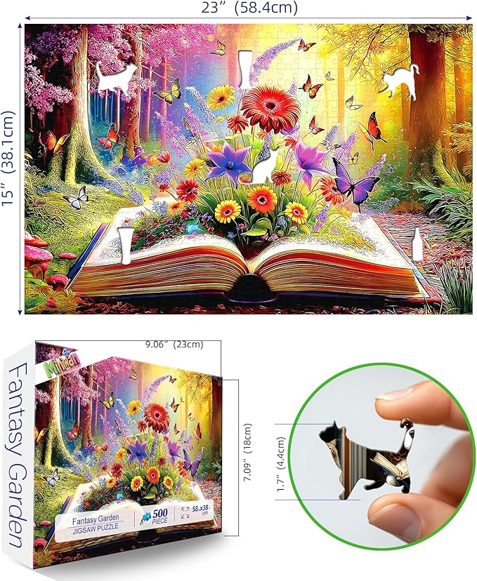 MINIWAN 500 Piece Puzzles for Adults - Enchanted Book Forest Floral Jigsaw Puzzle, 23x15 Inches with Unique Irregular Shaped Pieces for Relaxation & Home Wall Decor