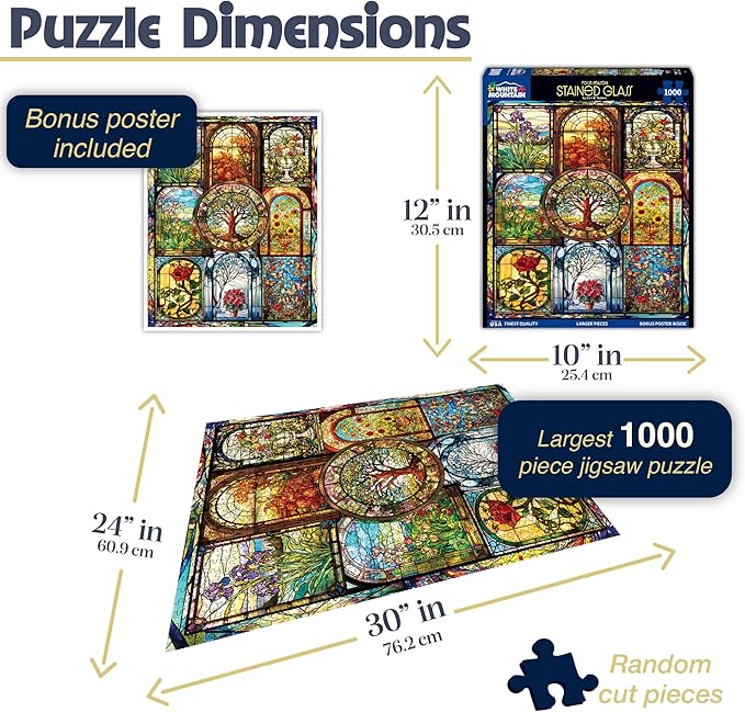 White Mountain 1000 Piece Jigsaw Puzzle Fun Collage Puzzles with Large Pieces Gift for Adults and Family 24"x30" - Four Season Stained Glass