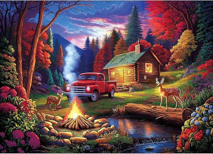 1000 Piece Jigsaw Puzzle for Adults, Rustic Camping Scene with Log Cabin, Vintage Red Truck, Deer & Campfire, Colorful Forest Dusk Landscape, Premium Quality Puzzle for Family Fun
