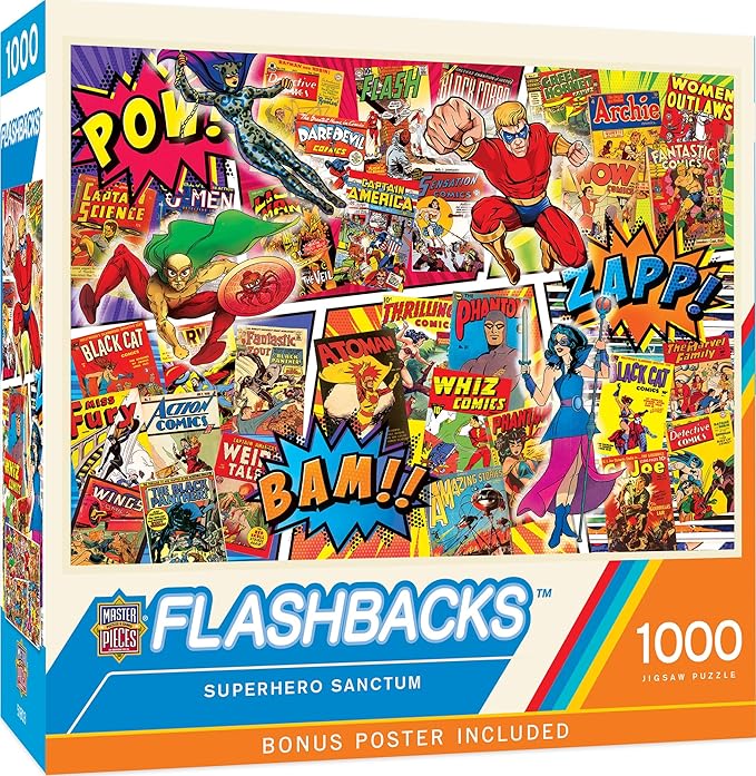 MasterPieces 1000 Piece Collage Jigsaw Puzzle for Adults - Superhero Sanctum - Fun Vintage Comic Book Covers - 19.25"x26.75"
