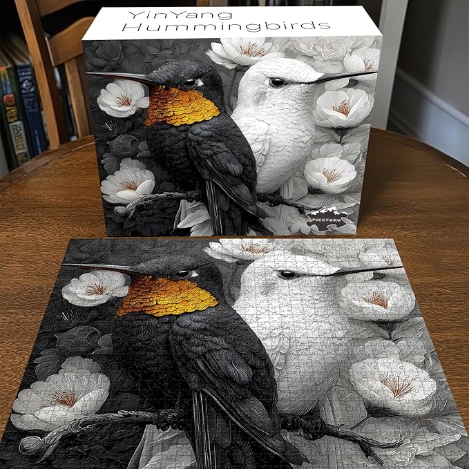 PICKFORU Yinyang Hummingbirds Jigsaw Puzzles 1000 Pieces for Adults, Black White Hummingbird Adult Puzzles, Nature Balance Animal Flowers Puzzle